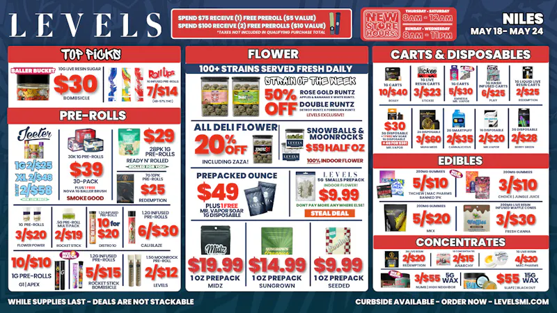 Levels Cannabis - Niles 20% OFF Deli - Over 100+ Strains - Always Fresh