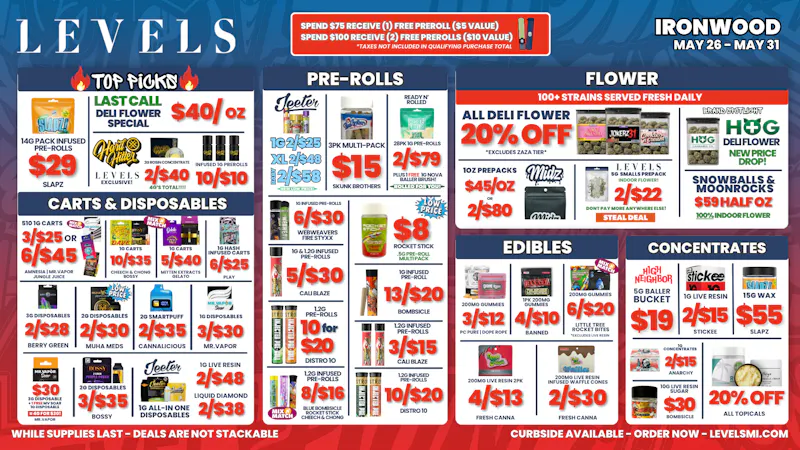 Levels Cannabis - Ironwood 20% OFF Deli -Quality Flower- Unbeatable Prices!