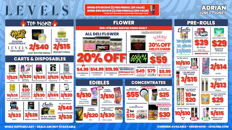 Levels Cannabis $4.99 PREPACK OZ + 20% OFF DELI -OVER 100 STRAINS!