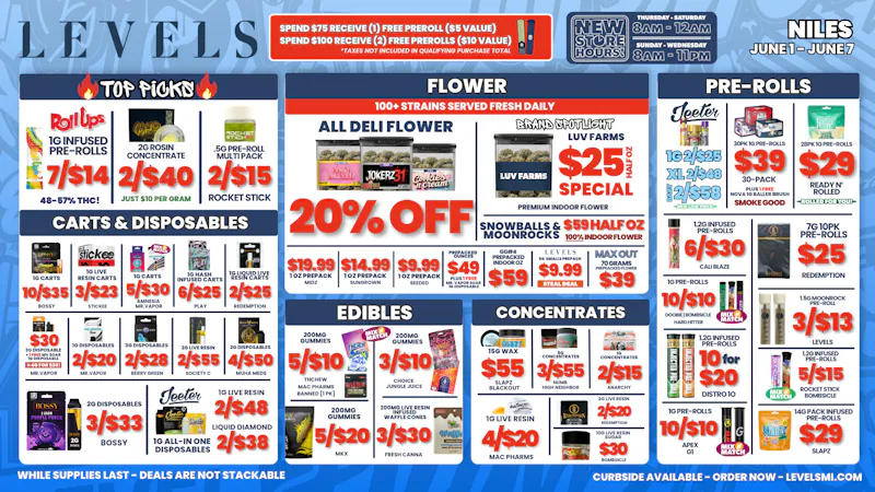 Levels Cannabis - Niles 20% OFF Deli Flower - Over 100+ Strains Everyday!