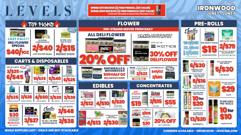 Levels Cannabis - Ironwood 20% OFF DELI FLOWER - LARGEST SELECTION IN THE UP!