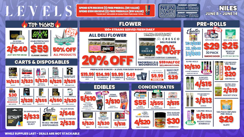 Levels Cannabis - Niles 20% OFF ALL DELI FLOWER - OVER 100+ STRAINS!