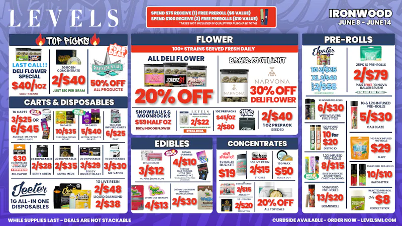 Levels Cannabis - Ironwood 20% OFF DELI FLOWER - LARGEST SELECTION IN THE UP!