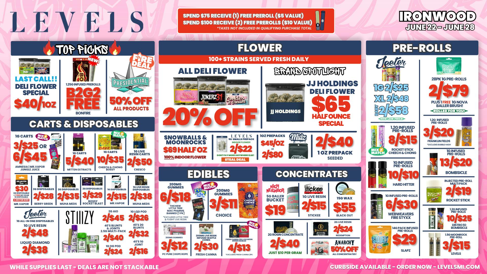Levels Cannabis - Ironwood 20% OFF DELI FLOWER - LARGEST SELECTION IN THE UP!