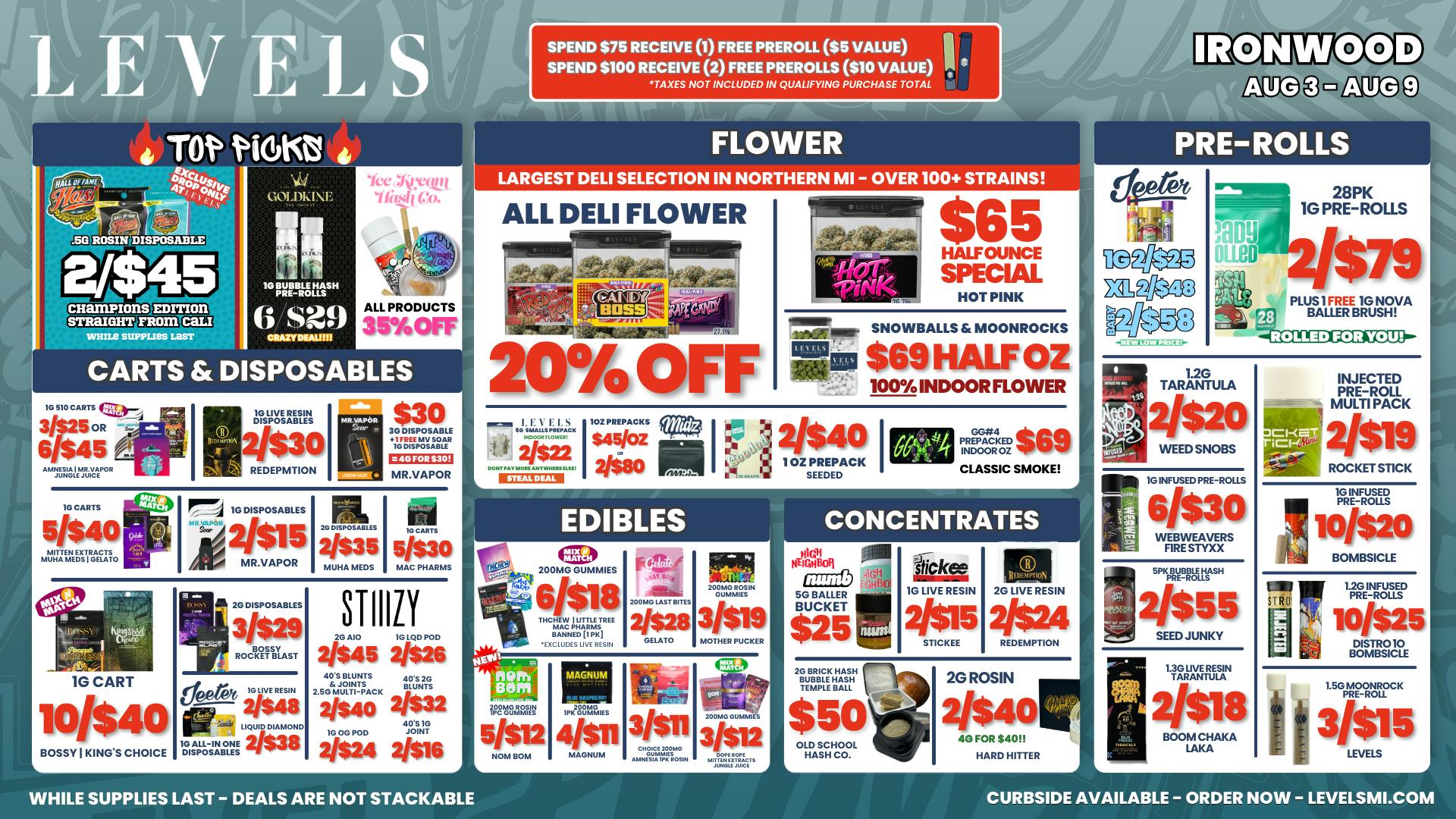Levels Cannabis - Ironwood 20% OFF DELI FLOWER - LARGEST SELECTION IN THE UP!