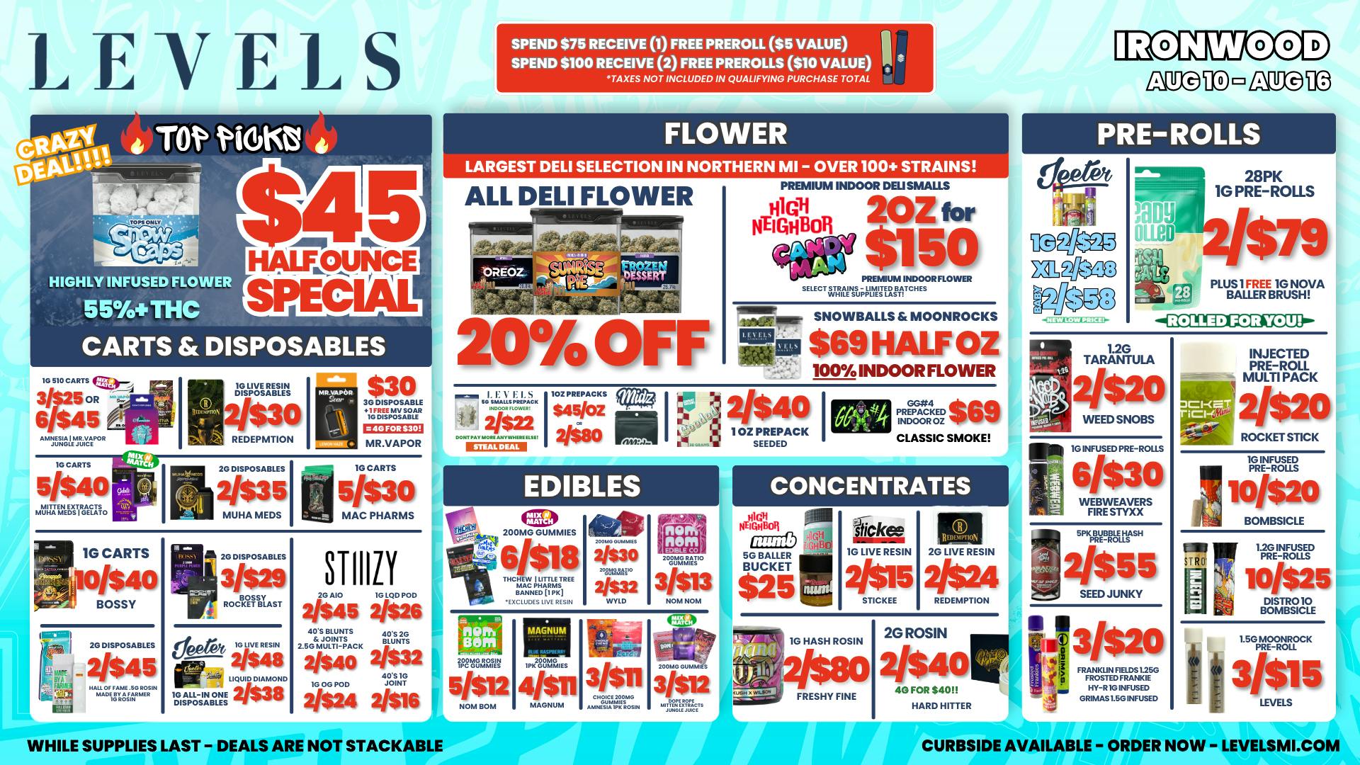 Levels Cannabis - Ironwood 20% OFF DELI FLOWER - LARGEST SELECTION IN THE UP!