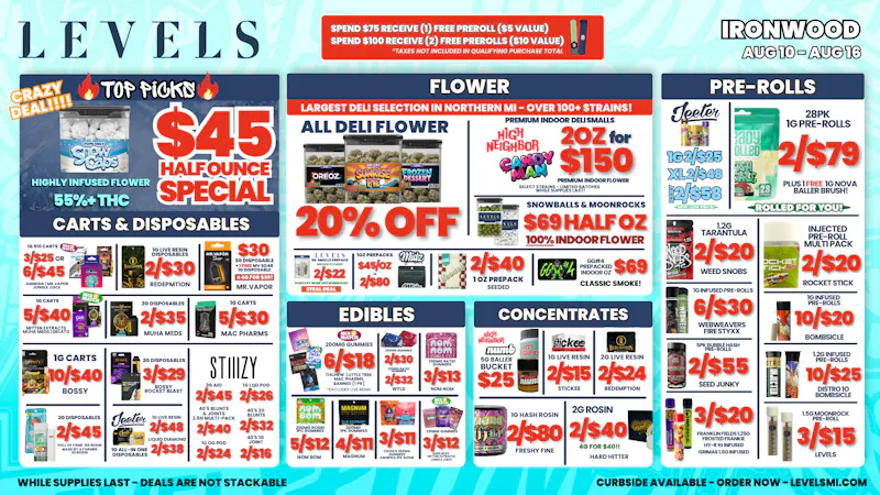 Levels Cannabis - Ironwood 20% OFF DELI FLOWER - LARGEST SELECTION IN THE UP!