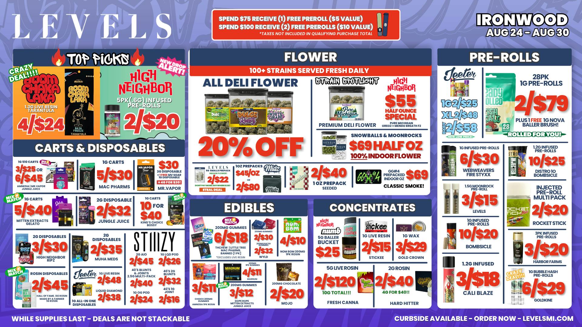 Levels Cannabis - Ironwood 20% OFF DELI FLOWER - LARGEST SELECTION IN THE UP!