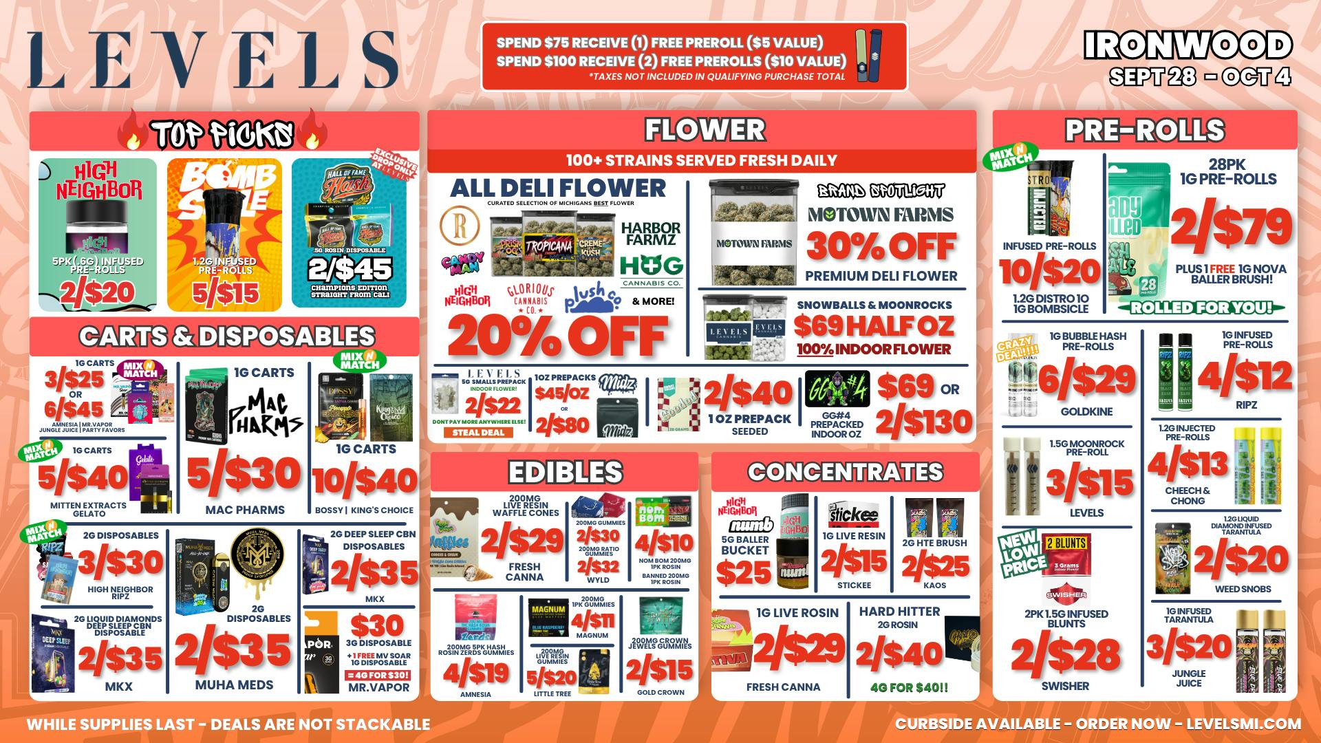 Levels Cannabis - Ironwood 20% OFF DELI FLOWER - LARGEST SELECTION IN THE UP!