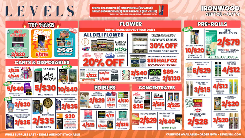 Levels Cannabis - Ironwood 20% OFF DELI FLOWER - LARGEST SELECTION IN THE UP!