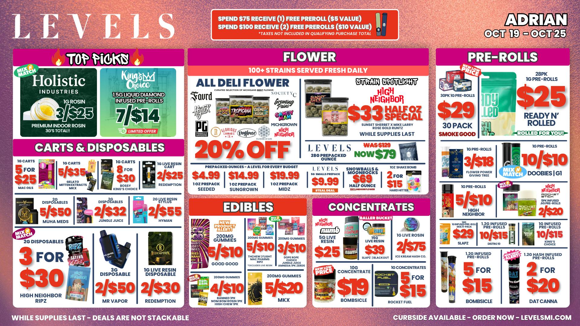 Levels Cannabis $4.99 PREPACK OZ + 20% OFF DELI OVER 100+ STRAINS!