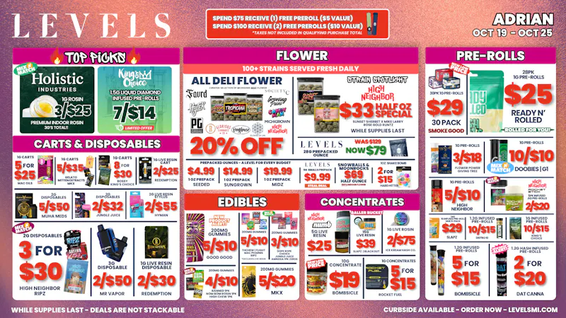 Levels Cannabis $4.99 PREPACK OZ + 20% OFF DELI OVER 100+ STRAINS!