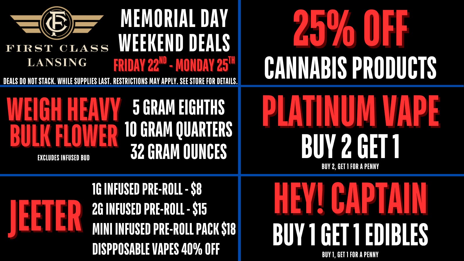 First Class Lansing Memorial Day Weekend Deals🔴 ⬜ 🔷