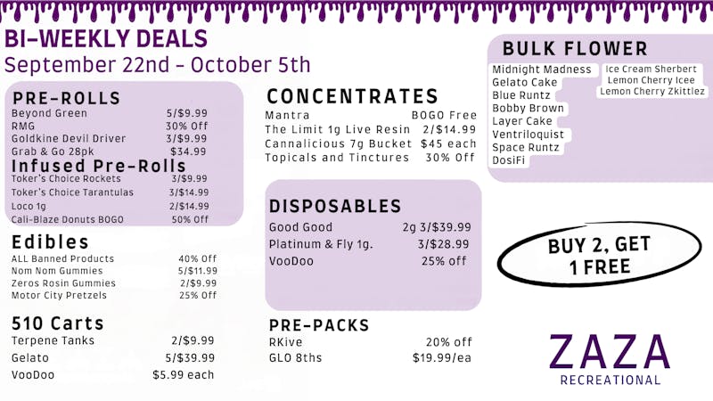 Zaza Recreational Bi-weekly Deals Sept22-Oct5