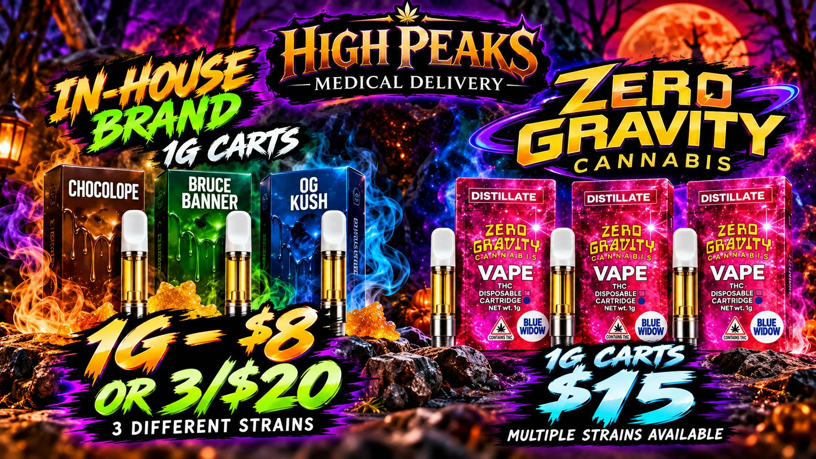 High peaks medical Delivery 1g cart specials