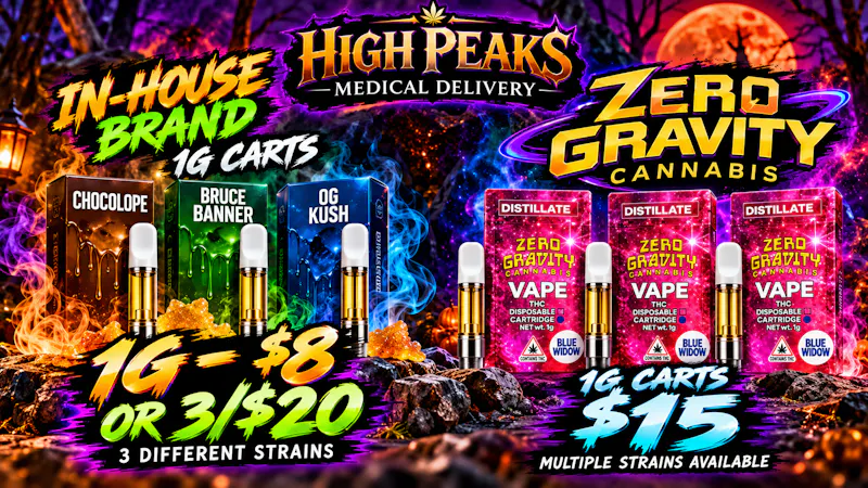 High peaks medical Delivery 1g cart specials