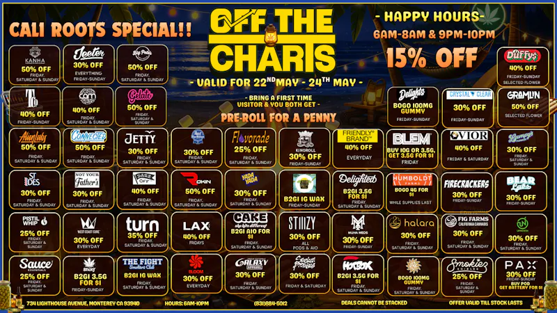 Off The Charts - Monterey 🌴 Cali Roots Weekend Specials Are Here 🎶🔥