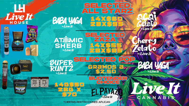 Live It House G's A $2.50 / ONZAS desde $70 / $85 / $95
