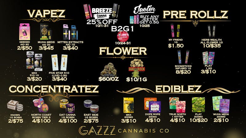 GAZZZ Cannabis Co 25% OFF BREEZE | BOGO | $60/oz | VENDOR DEALZ