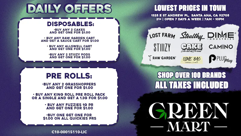Green Mart Daily BOGO Deals on Dispos and Pre Rolls