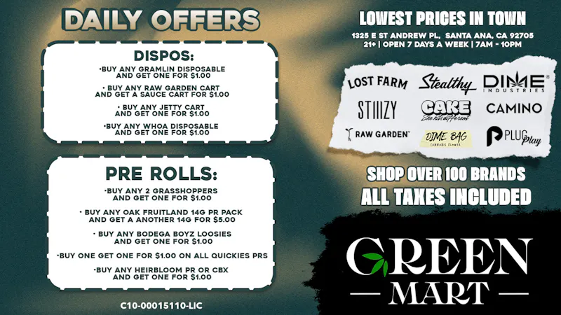 Green Mart B.O.G.O on Pre Rolls and Disposables