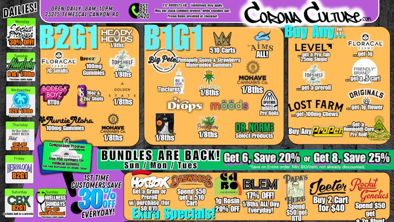 Culture Cannabis Club Marijuana and Weed Dispensary - Corona Temescal Big Deals, Big Bundles, Daily Deals, and more!!