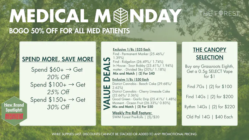 The Forest Baltimore Medical Monday BOGO 50% Off All Med Patients