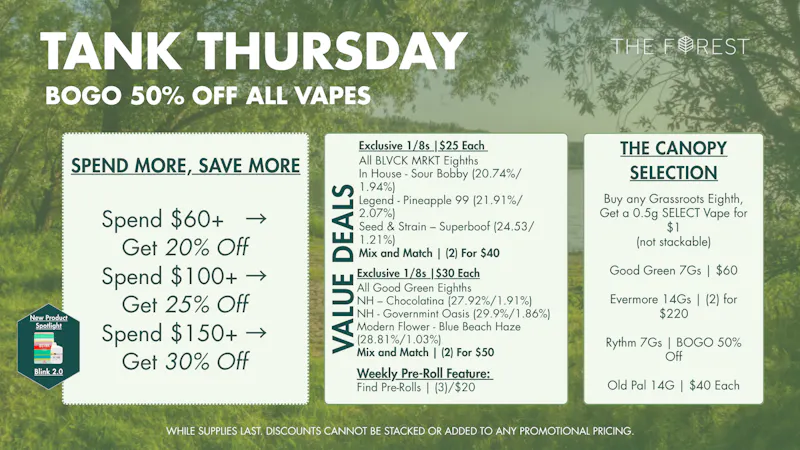 The Forest Baltimore Tank Thursday BOGO 50% Off All Vapes