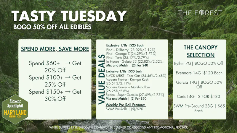 The Forest Baltimore Tasty Tuesday BOGO 50% Off All Edibles