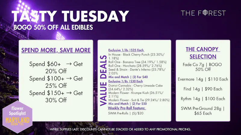 The Forest Baltimore Tasty Tuesday BOGO 50% Off All Edibles