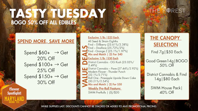 The Forest Baltimore Tasty Tuesday BOGO 50% Off All Edibles