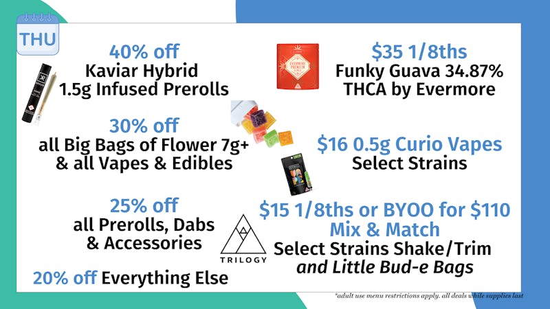 Trilogy Wellness 40% off Kaviar Hybrid 1.5g Infused Prerolls + More