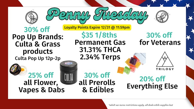 Trilogy Wellness 30% OFF FOR VETERANS, $35 1/8THS PERMANENT GAS