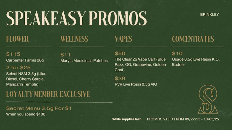 Speakeasy Dispensary - Brinkley Speakeasy Brinkley Promos 9/22