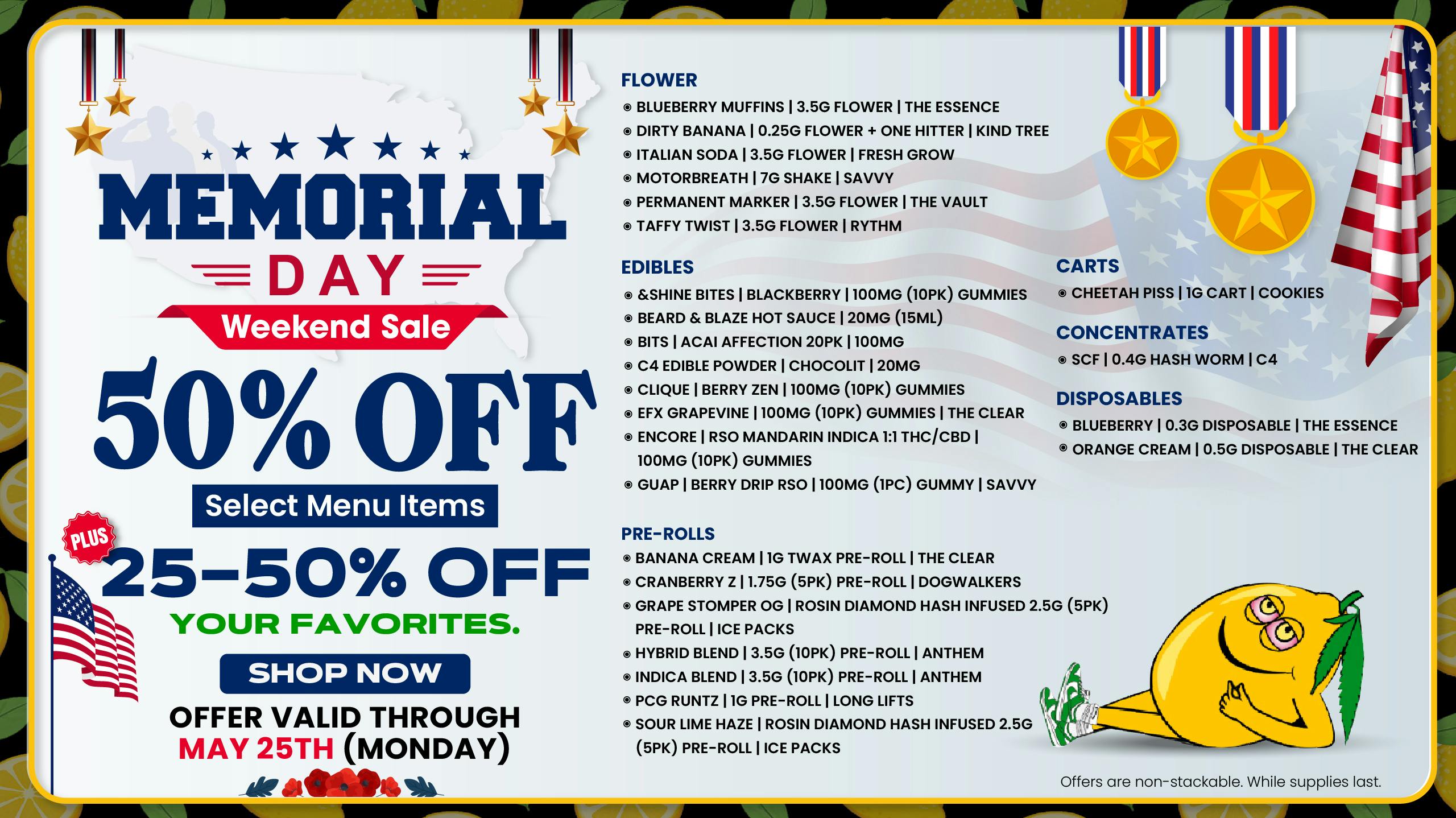 Lemon 22 Memorial Day Sale – 50% OFF Select Menu Items!!!
