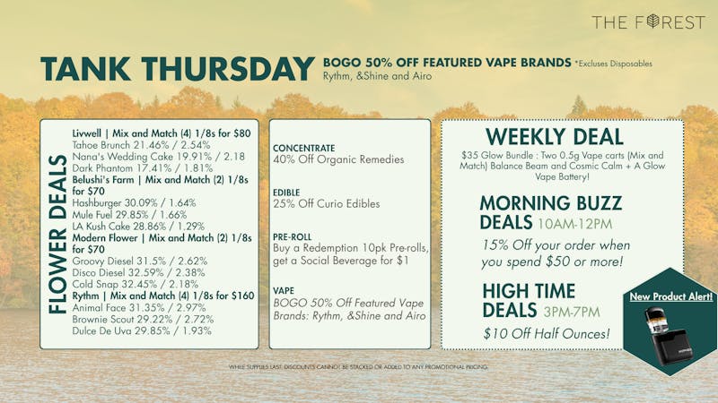 The Forest Baltimore TANK THURSDAY! BOGO 50% OFF FEATURED VAPE BRANDS