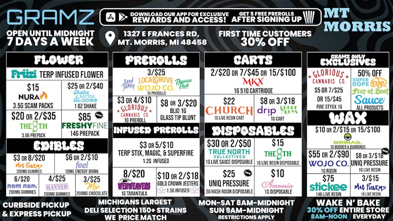 Gramz Cannabis - Mt. Morris OPEN UNTIL MIDNIGHT 7 DAYS A WEEK