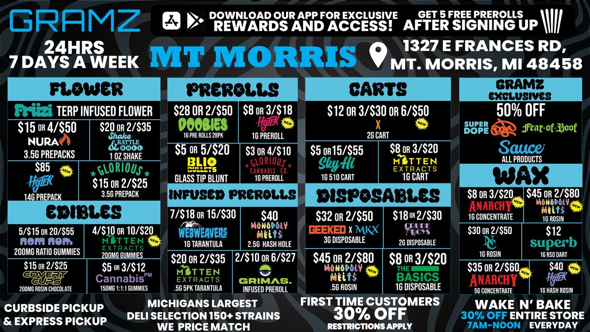 Gramz Cannabis - Mt. Morris OPEN 24/7. LOUD DEALS. PURE GRAMZ.