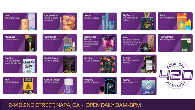 Velvet Cannabis Dispensary Napa 🍃 4/20 Week Sunday @ Velvet Napa! 🍃