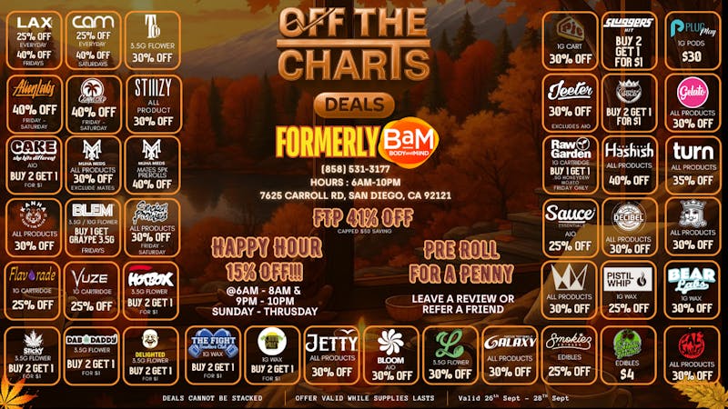Off The Charts/BAM - Miramar SAVE BIG ON WEEKEND DEALS 9/26 - 9/28
