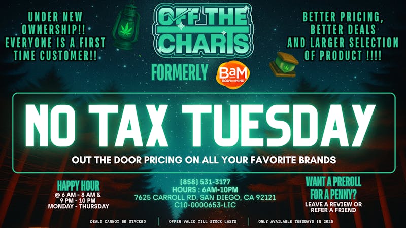 Off The Charts/BAM - Miramar NO TAX TUESDAY at OFF THE CHARTS!