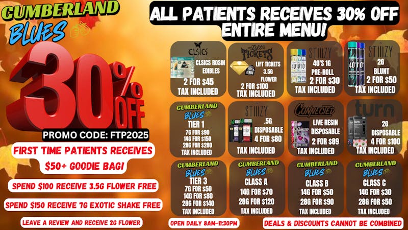 Cumberland Blues Delivery - Encinitas 30% OFF & FREE GOODIE BAG & MORE GIFTS