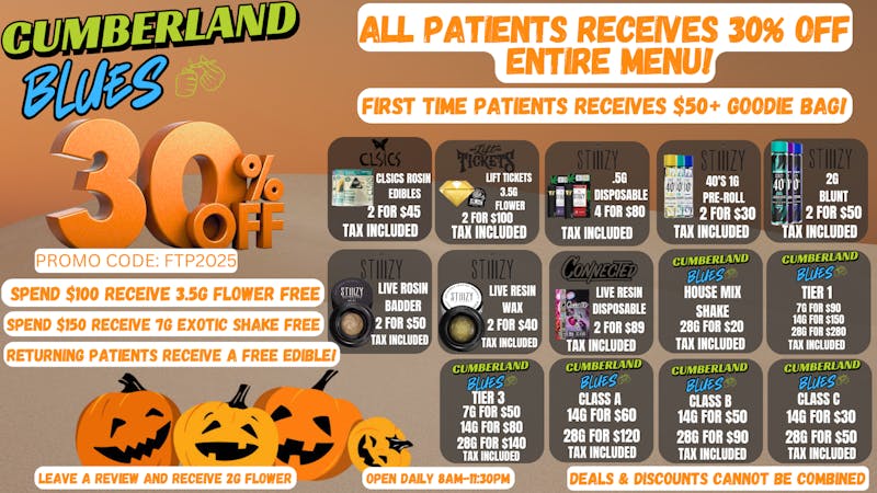 Cumberland Blues Delivery - Solana Beach 30% OFF + FREE GOODIES NO TRICKS, JUST TREATS🎃 👻