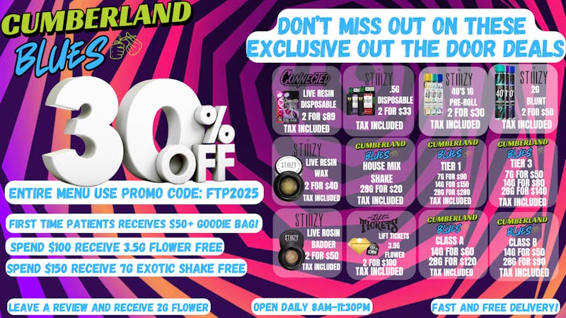 Cumberland Blues Delivery - Vista 30% OFF ENTIRE MENU + FREE GOODIES 🌱