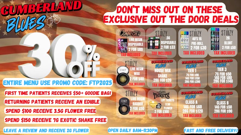 Cumberland Blues Delivery - Fallbrook 🇺🇸 30% OFF ENTIRE MENU + FREE GOODIES 🇺🇸