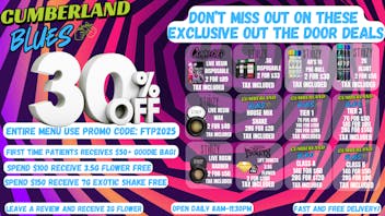 Cumberland Blues Delivery - San Marcos 30% OFF ENTIRE MENU + FREE GOODIES