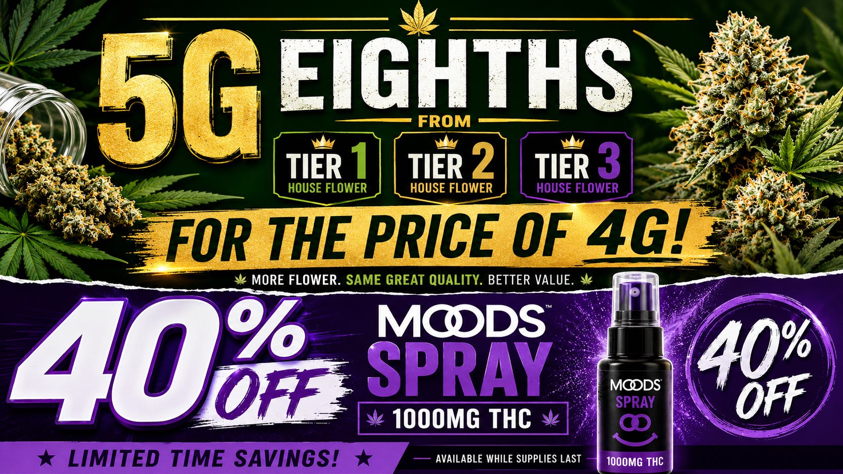 Cannabus - Ocean Beach 40% OFF MOODS 1000MG SPRAY + 5G EIGHTHS ALL DAY!
