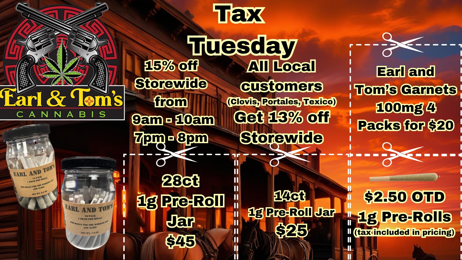 Earl & Tom's - Prince Tax Tuesday / 15% OFF/HAPPY HOUR/9-10AM 7-8PM
