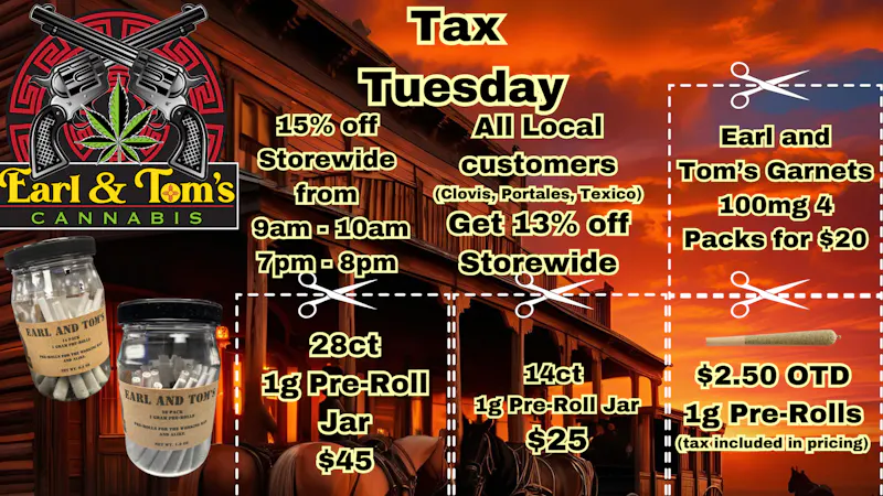 Earl & Tom's - Prince Tax Tuesday / 15% OFF/HAPPY HOUR/9-10AM 7-8PM