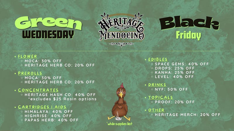 Heritage - Mendocino Green Wednesday & Black Friday Deals